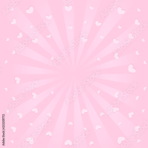 Cute pink background with sunbeams, flying hearts in air. Romantic elegante picture for greeting card ( birthday invitation, valentines, mother day) Cute banner for LOL surprise, blank space in center