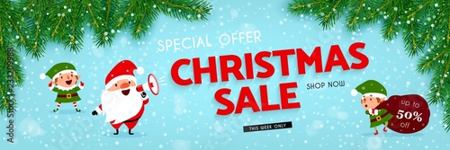 Christmas sale  banner with Santa Claus  elf  snow  christmas tree  Vector llustration