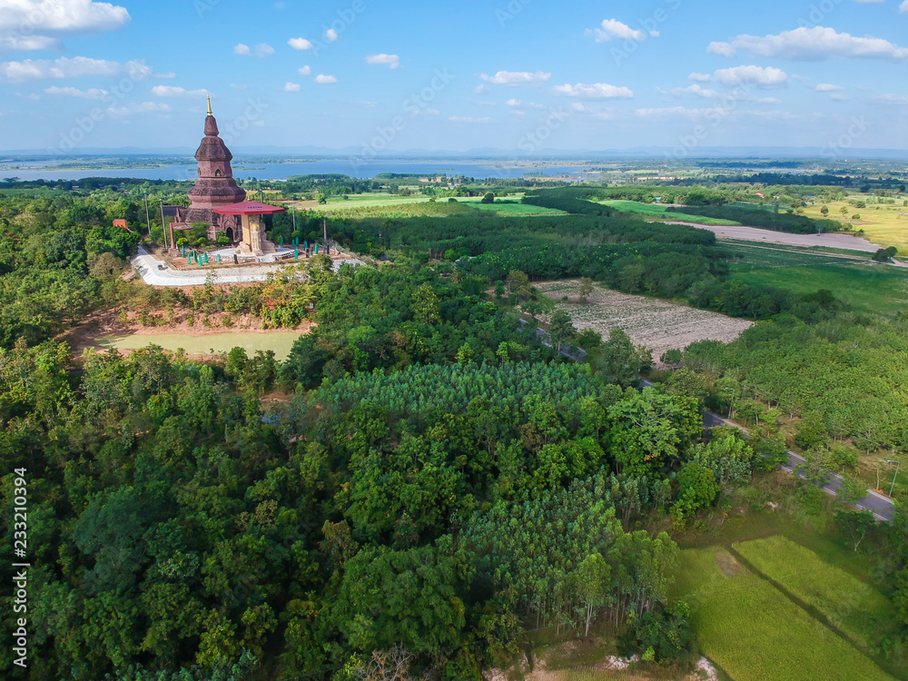 Aerial view PHRA BUDDHA SAIYAT PHUKHAO Temple Attraction of the Kalasin Province in Thailand.