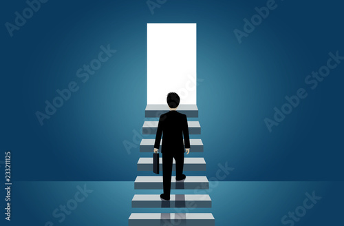 Businessmen walk up the stair to the door. step up the ladder to success goal in life and progress in the job. of the highest organization. business finance concept. cartoon vector illustration