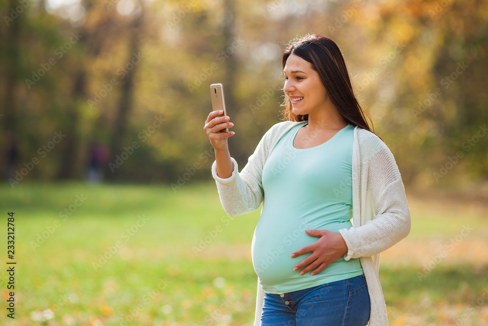 Pregnant woman relaxing in park. She is chatting on smartphone. Pregnant woman relaxing in park. She is chatting on smartphone.