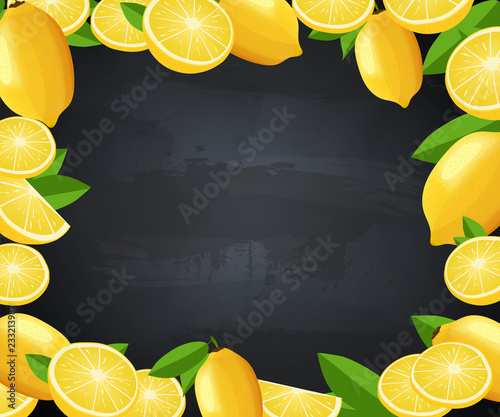 Poster with blackboard and frame with lemons vector illustration