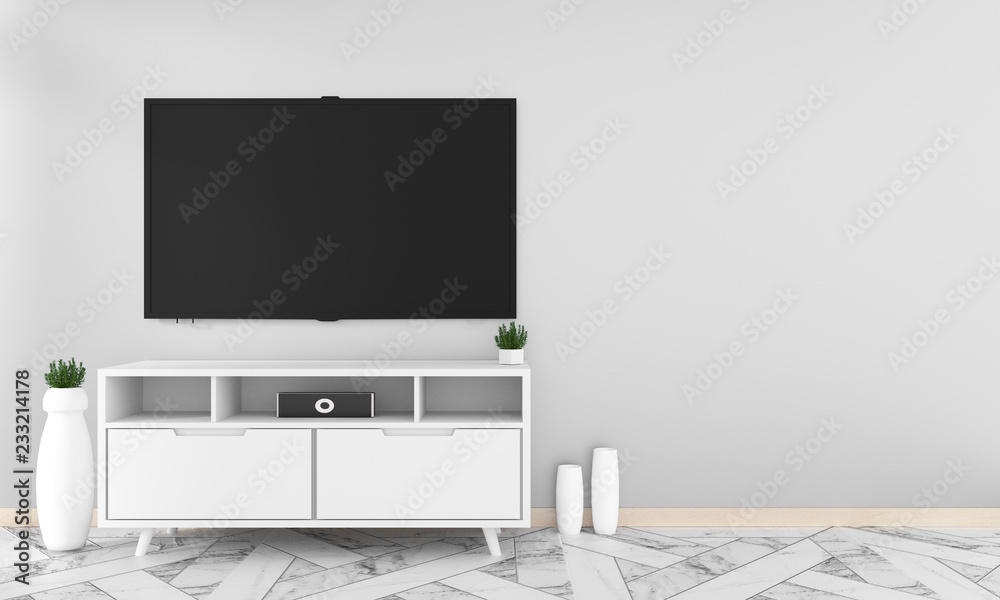 Tv on cabinet design in room interior granite tile floor on white wall ,minimal designs - zen style, 3d rendering Tv on cabinet design in room interior granite tile floor on white wall ,minimal designs - zen style, 3d rendering