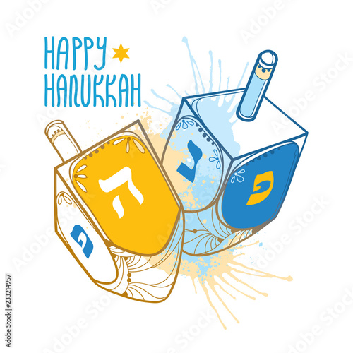 Vector greeting card with outline Hanukkah or Hanuka dreidel or sevivon with Hebrew alphabet in blue and beige isolated on white background. Ornate contour Chanukah dreidel for Jewish holiday design