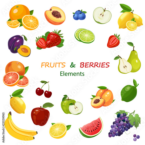 Mix of fruits and berries colorful icons set