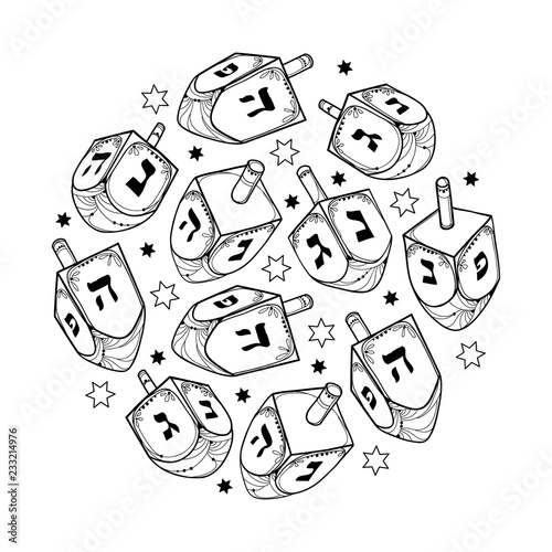 Vector set with outline Hanukkah or Hanuka dreidel or sevivon with Hebrew alphabet in black isolated on white background. Ornate contour Chanukah dreidel for Jewish holiday design or coloring book.