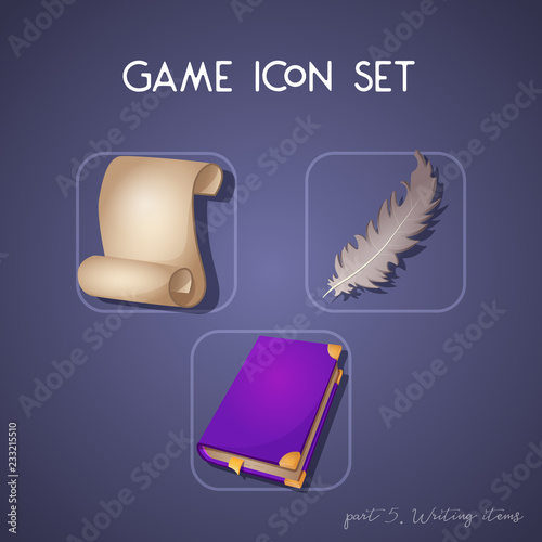 Set of game icon in cartoon style. Writing items: scroll, book and feather. Bright design for app user interface. Part 5. Vector illustration for Icons Collection.