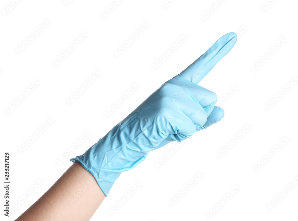 Doctor in medical glove pointing on white background Doctor in medical glove pointing on white background