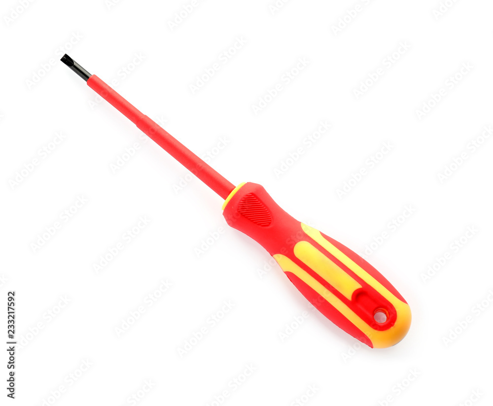 Color screwdriver on white background, top view. Electrician's tool