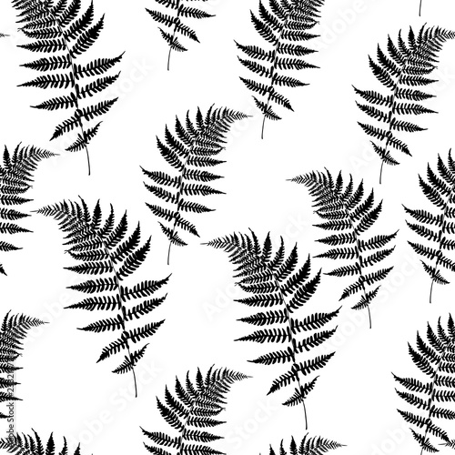 Realistic fern seamless pattern illustration. Detailed bracken fern, tropical forest, grass herbs growing background.