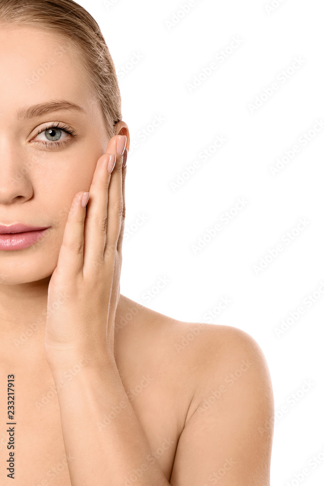 Portrait of beautiful young woman on white background. Lips contouring, skin care and cosmetic surgery concept Portrait of beautiful young woman on white background. Lips contouring, skin care and cosmetic surgery concept