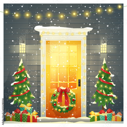 Merry Christmas and Happy New Year background with decorated Christmas front door , vector , illustration