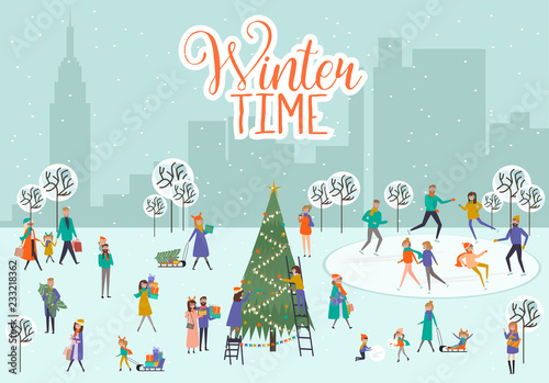 Christmas and Happy New Year template with people  decorate the Christmas tree  snowboarding  sledding  ice skating  skiing. Vector Illustration