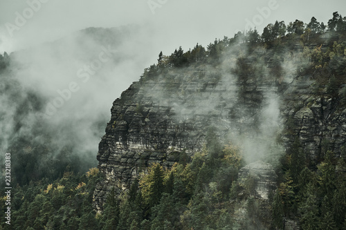 Fototapeta Naklejka Na Ścianę i Meble -  Misty rainy morning landscape with the sand rocky montains in Bohemian Saxon Switzerland in autumn colors