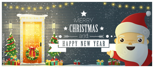 Merry Christmas and Happy New Year background with decorated Christmas front door and Santa Claus , vector , illustration