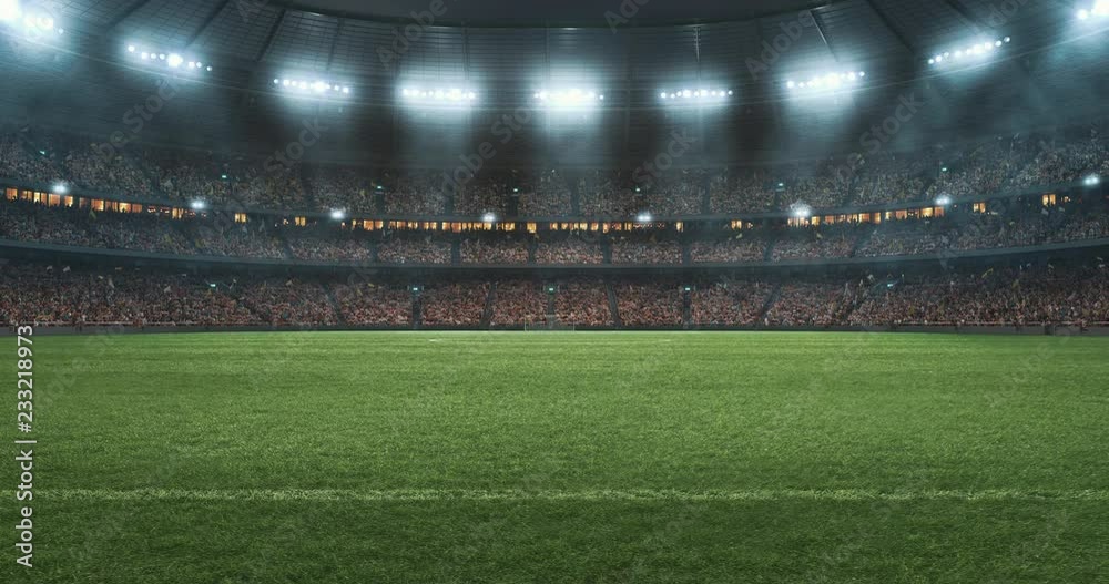 4k footage of a soccer stadium at night. The stadium was made in 3d without using existing references. 