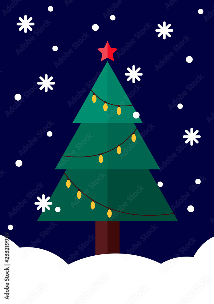 Winter Christmas tree in snow decorated with yellow light bulbs