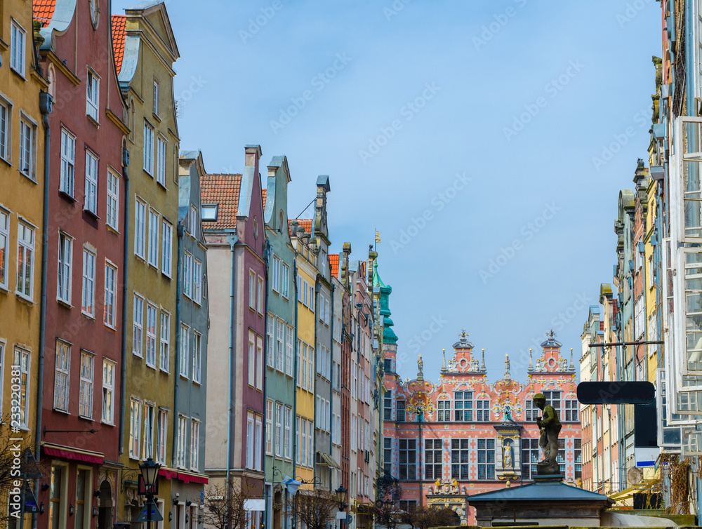 Facade of beautiful typical colorful buildings, Gdansk, Poland