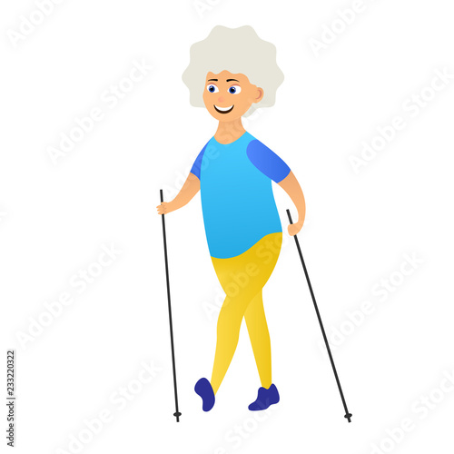 Happy old women dressed in sports clothing walking with Nordic walking poles. Cartoon character isolated on white background. Vector illustration