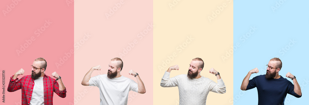 Naklejka premium Collage of young man with beard over colorful stripes isolated background showing arms muscles smiling proud. Fitness concept.