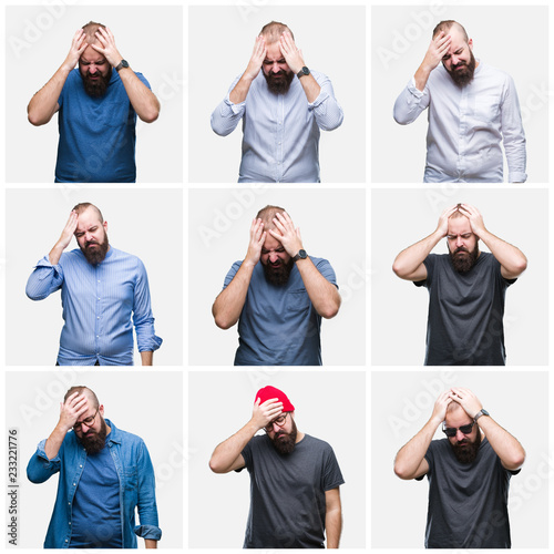 Obraz na plátně Collage of young man over isolated background suffering from headache desperate and stressed because pain and migraine