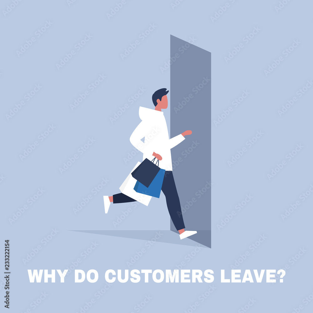 Why do clients leave. Consumer behavior. Marketing. Young caucasian male character running away from the store. Business concept. Flat editable vector illustration, clip art