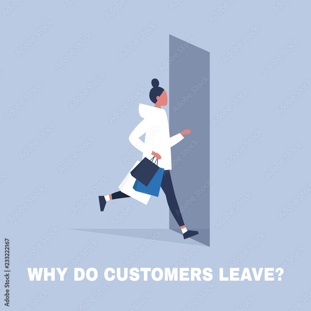 Why do clients leave. Consumer behavior. Marketing. Young female character running away from the store. Business concept. Flat editable vector illustration, clip art Why do clients leave. Consumer behavior. Marketing. Young female character running away from the store. Business concept. Flat editable vector illustration, clip art