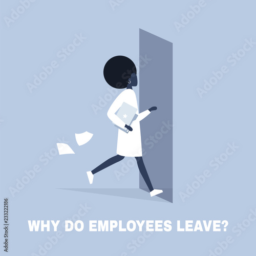 HR. Why do employees leave, brain drain problem. Young character running away from the office. Flat editable vector illustration, clip art
