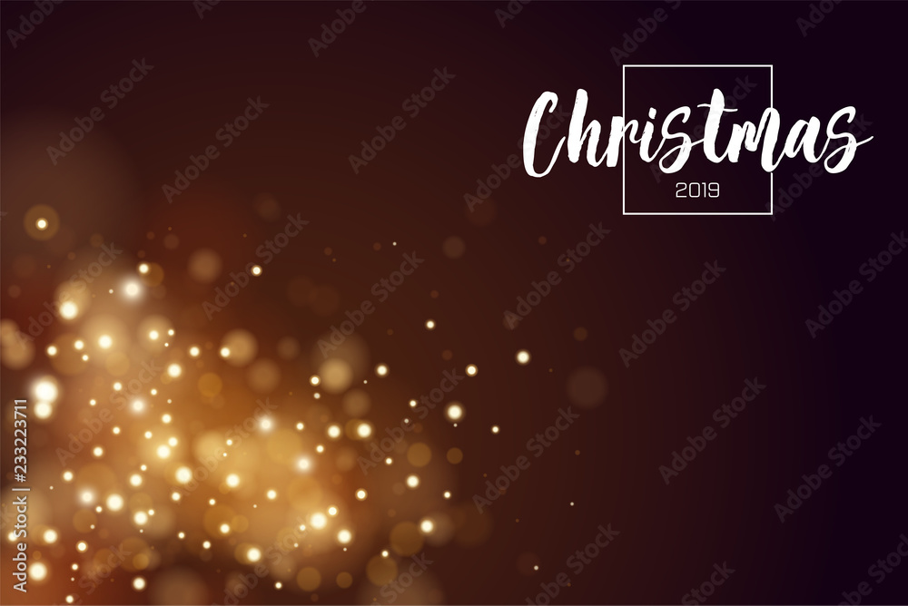Christmas background 2019 with golden magic bokeh sparkle glitter lights. Christmas card. Abstract defocused circular New Year background design. Elegant, shiny, metallic gold background. EPS 10.