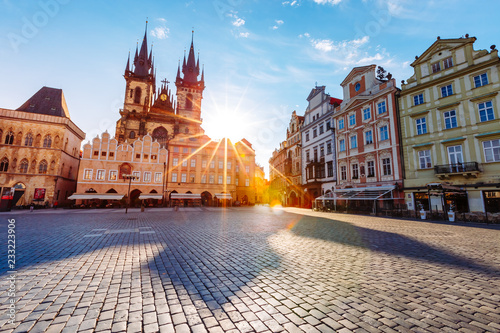 Fantastic scene of the Tyn Church (Tynsky chram) in sunlight. photo