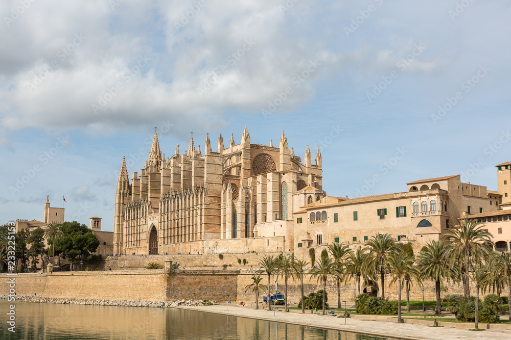 Gotische Kathedrale von Palma, im Vordergrund ein Palmenpark