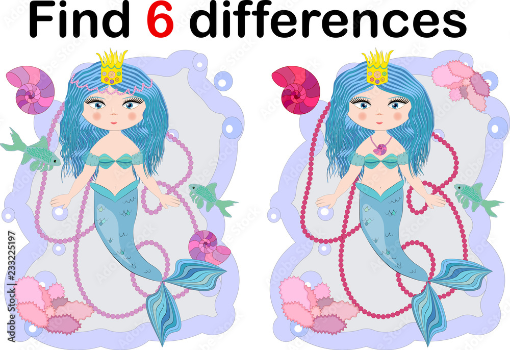 Education game for preschool kids, find the differences. Beautiful mermaid with a string of pearls. Cartoon illustration. Education game for preschool kids, find the differences. Beautiful mermaid with a string of pearls. Cartoon illustration.