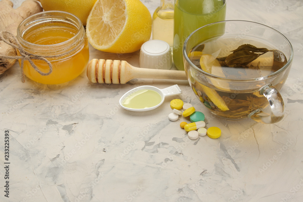 Various medicines for flu and cold remedies on a white wooden table .. Cold. diseases. cold. flu. Various medicines for flu and cold remedies on a white wooden table .. Cold. diseases. cold. flu.