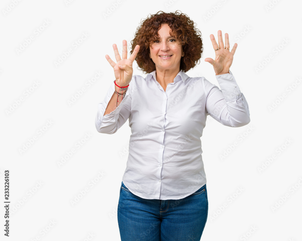 Beautiful middle ager senior businees woman over isolated background showing and pointing up with fingers number nine while smiling confident and happy. Beautiful middle ager senior businees woman over isolated background showing and pointing up with fingers number nine while smiling confident and happy.