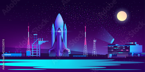 Vector spaceport at night with rocket, control room and radio tower. Science cosmic base, rocket or spaceship ready to launch in ultra violet colors on full moon background. Technology concept.