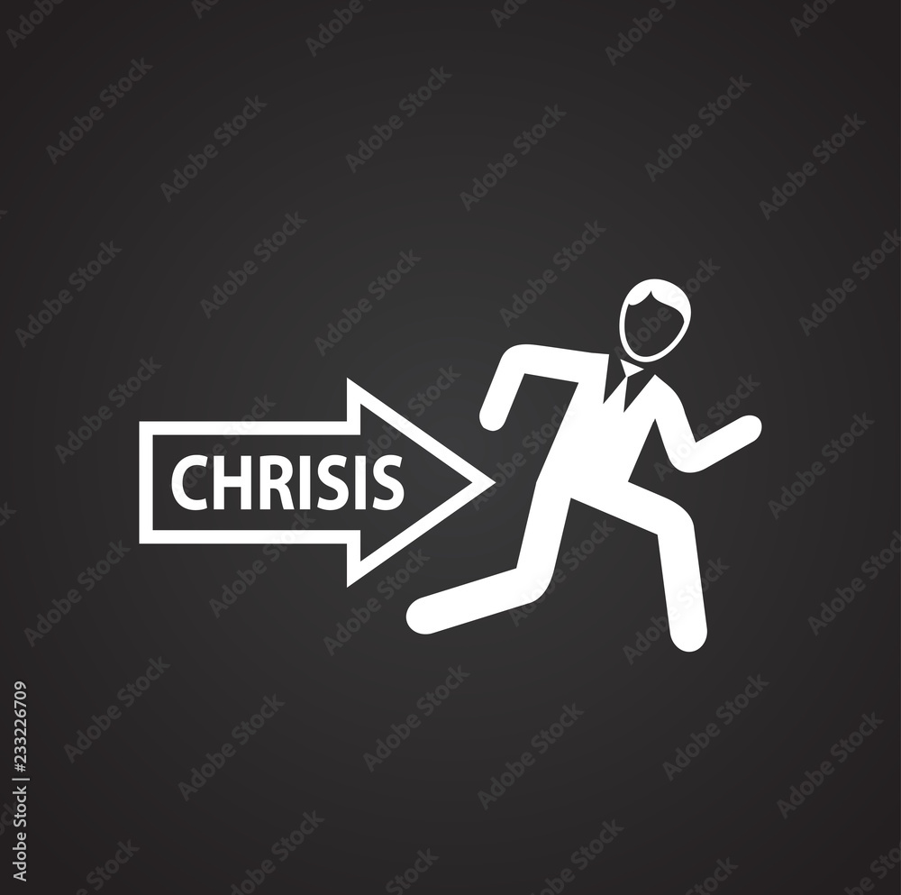 Businessman escapes crisis on black background icon Businessman escapes crisis on black background icon