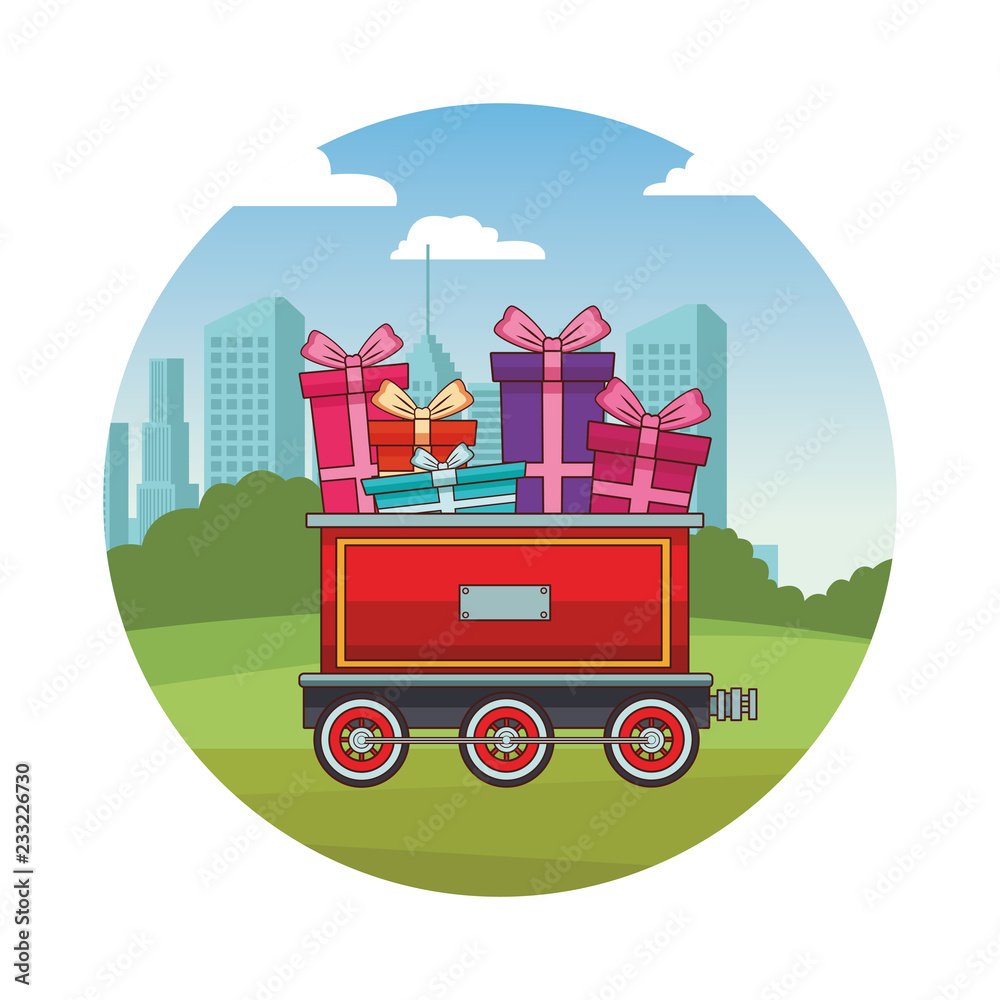 Naklejka premium Train wagon with gift boxes