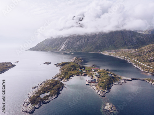 Lofoten Islands in blue ocean from above