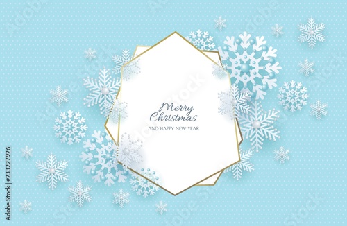 New Year and Christmas banner, polygonal frame, silver 3d snowflakes, vector