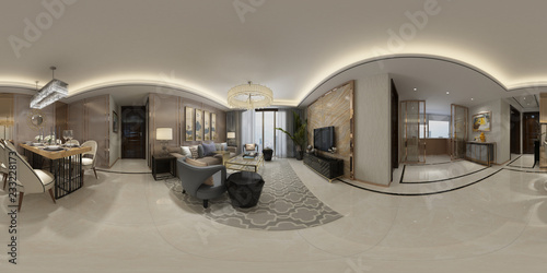 3d render of 360 degrees home interior, living room.