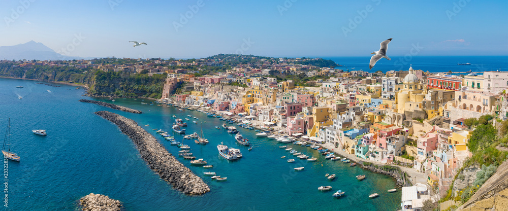Panoramic view of Procida Island in sunny summer day, Italy