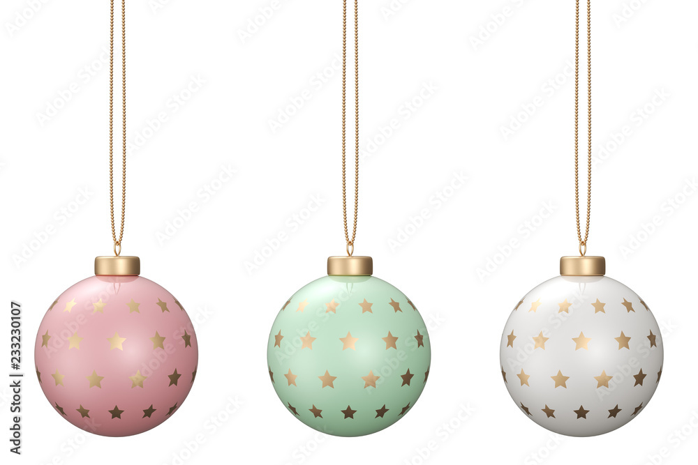 3D rendering of star patterned christmas ball set in pastel colors hanging isolated on white background