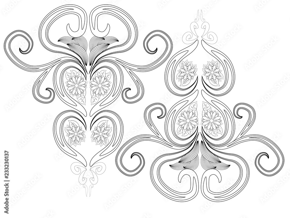 Henna tattoo doodle elements on white background. Mehendi flowers vector set. Abstract floral elements in Indian style. Ethnic ornament, coloring book.