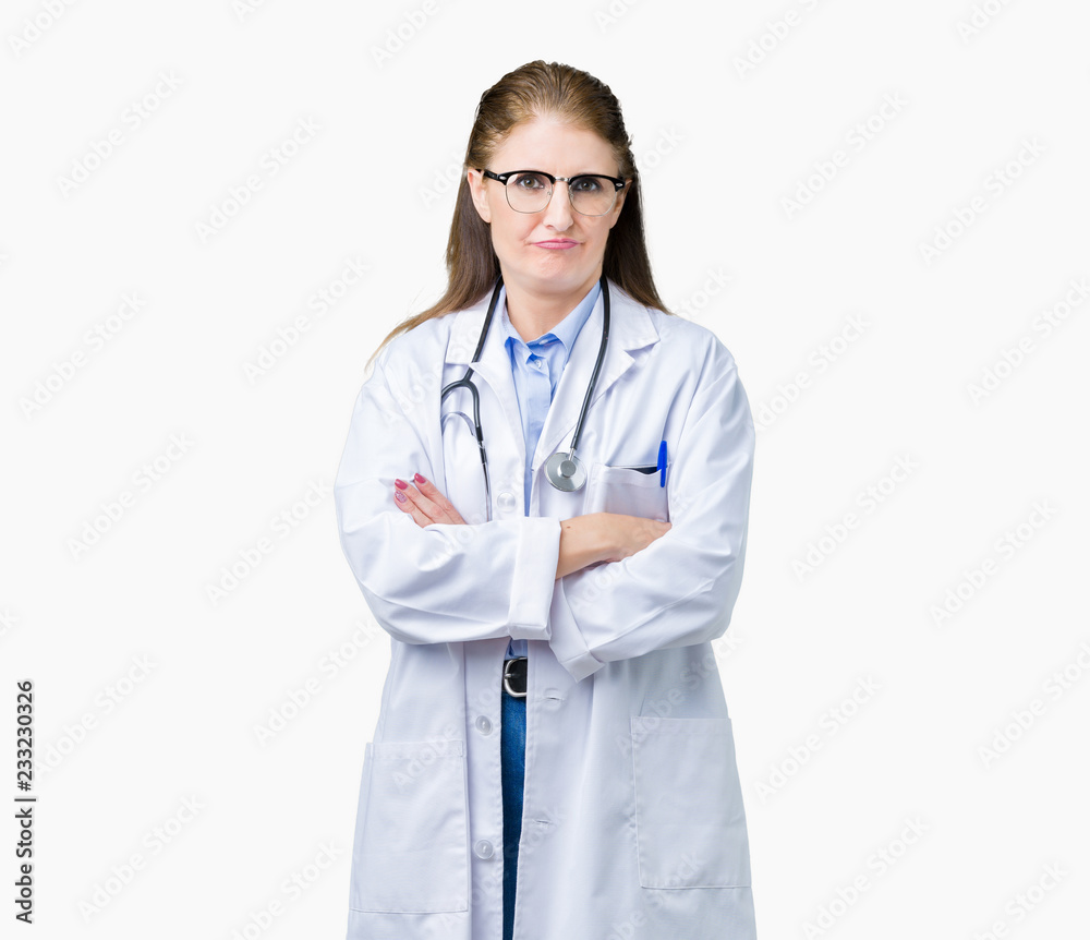 Middle age mature doctor woman wearing medical coat over isolated background skeptic and nervous, disapproving expression on face with crossed arms. Negative person. Middle age mature doctor woman wearing medical coat over isolated background skeptic and nervous, disapproving expression on face with crossed arms. Negative person.