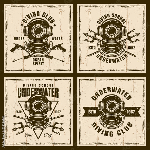 Diving set of four vector brown vintage emblems