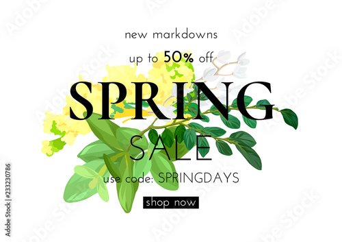 Floral spring design with white and yellow flowers, green leaves, eucaliptus and succulents. Modern template for sale flyer, vector illustration.