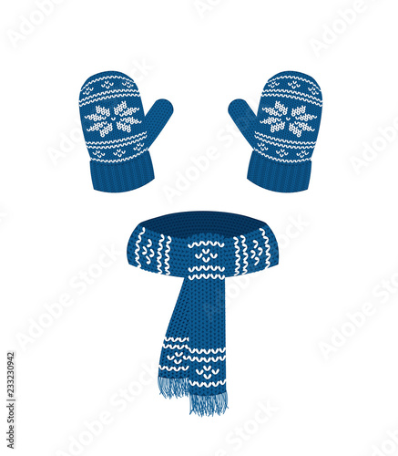 Blue knitted scarf and gloves. vector illustration