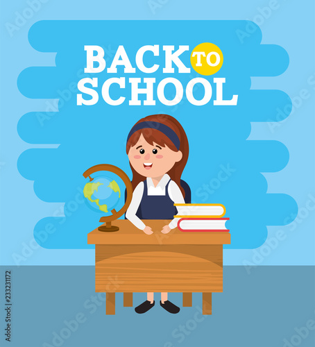 girl student in the desk with books and global map