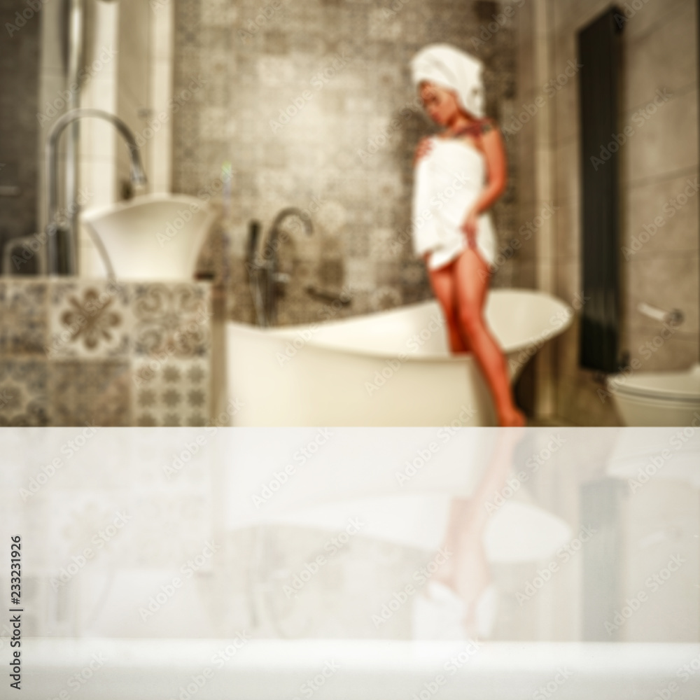 Table background and slim woman in bathroom Table background and slim woman in bathroom
