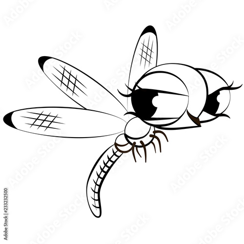 Cartoon monochrome dragonfly.  Black and white comical flying adder photo